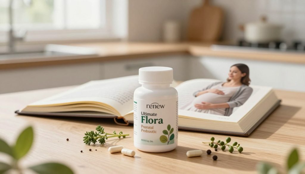A beautifully arranged scene showcasing Renew Life Ultimate Flora Prenatal Probiotic supplements. In the foreground, a sleek and elegant bottle of probiotics sits on a light wooden surface, surrounded by scattered organic herbs and soft green leaves, symbolizing natural health. In the middle ground, an open pregnancy journal rests next to the bottle, its pages filled with handwritten notes and a soft-focus image of a pregnant woman in casual, comfortable clothing, smiling thoughtfully. The background features a softly lit kitchen countertop, with gentle sunlight streaming through a window, creating a warm and nurturing atmosphere. The overall mood conveys health and vitality, inviting viewers to consider the importance of probiotics during pregnancy.