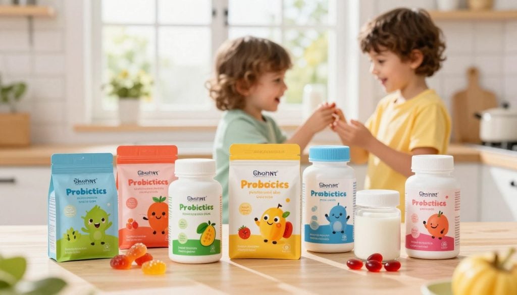 A bright, colorful scene featuring a selection of top-rated children's probiotics in various appealing forms, such as gummies, powders, and capsules. In the foreground, there are vibrant and playful product packaging designs, showcasing friendly cartoon characters and natural ingredients like fruits and yogurt. The middle ground should include a cheerful kitchen setting, with a child happily interacting with the probiotics, dressed in cheerful, modest casual clothing. In the background, a sunny window lets in warm, soft light, enhancing the overall inviting atmosphere. The colors should be bright and uplifting, promoting a sense of health and wellness, with a shallow depth of field focusing on the products while softly blurring the surrounding elements. The mood should be optimistic and family-friendly, reflecting the positive impact of probiotics on children's health.