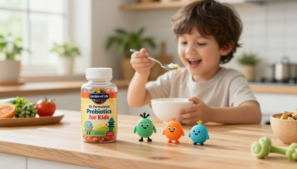 A brightly lit, cheerful kitchen setting as the foreground features a colorful bottle of "Garden of Life Dr. Formulated Probiotics for Kids," prominently displayed on a wooden countertop. Beside the bottle, playful cartoon illustrations of friendly probiotics with smiling faces and vibrant colors, appealing to children. In the middle ground, a young child in modest casual clothing, with a joyful expression, holds a spoon and excitedly interacts with the probiotics. The background showcases a cozy, well-organized kitchen with plants and healthy snacks, conveying a safe and nurturing environment. Soft, natural light filters through a window, creating a warm, inviting atmosphere that emphasizes health and wellness. The overall mood is uplifting and friendly, targeted towards parents and children with allergies.