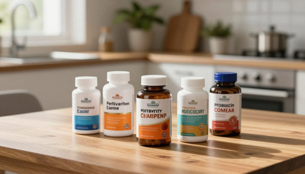 A collection of top probiotic supplement bottles designed for men, artistically arranged on a sleek wooden table. The foreground features four distinct bottles with labels showcasing various probiotic strains, highlighting their health benefits. The middle ground includes a stylish, modern kitchen setting with subtle greenery in the background, creating a warm and inviting atmosphere. Soft natural lighting streams in from a window, illuminating the bottles and casting gentle shadows for depth. A close-up perspective emphasizes the details on the labels, with a focus on colors that denote vitality and health. The overall mood is informative and professional, conveying trust and wellness. No people in the image, ensuring a clean, product-focused composition. A collection of top probiotic supplement bottles designed for men, artistically arranged on a sleek wooden table. The foreground features four distinct bottles with labels showcasing various probiotic strains, highlighting their health benefits. The middle ground includes a stylish, modern kitchen setting with subtle greenery in the background, creating a warm and inviting atmosphere. Soft natural lighting streams in from a window, illuminating the bottles and casting gentle shadows for depth. A close-up perspective emphasizes the details on the labels, with a focus on colors that denote vitality and health. The overall mood is informative and professional, conveying trust and wellness. No people in the image, ensuring a clean, product-focused composition.