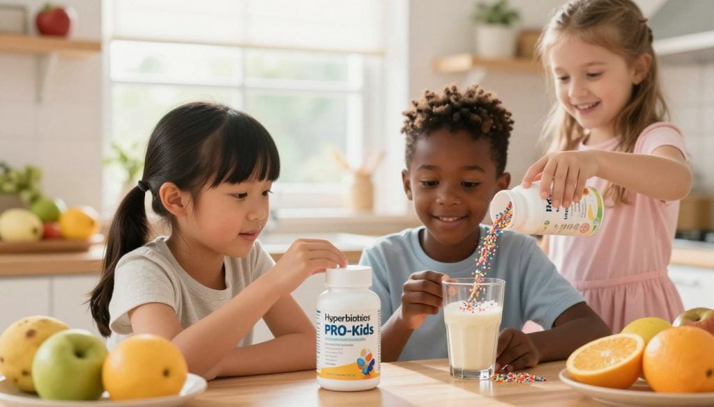 A colorful, engaging scene depicting children aged 4-8 happily interacting with a bottle of Hyperbiotics PRO-Kids probiotic supplement in a bright, cheerful kitchen environment. In the foreground, two diverse children, one Asian and one Black, are curiously examining the bottle, while another child, a Caucasian girl, is pouring sprinkles of the probiotic powder into a smoothie. The kitchen is filled with organic fruits and a sunny window in the background, creating a warm, inviting atmosphere. Soft, natural lighting illuminates the scene, capturing the joy of healthy living. The image should have a slightly shallow depth of field to keep the focus on the children and the probiotic bottle, conveying a sense of fun and well-being.