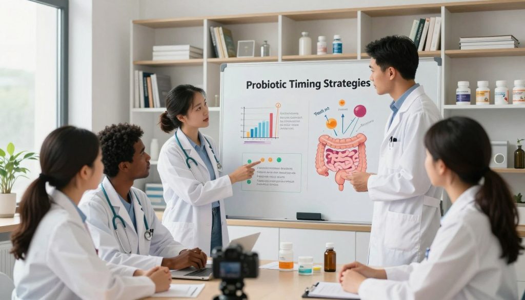 A conceptual illustration depicting "Probiotic Timing Strategies" set in a bright, modern healthcare office. In the foreground, a diverse group of professionals—two doctors of different ethnicities (one male, one female) and a nutritionist—are discussing a colorful chart that outlines specific timing strategies for taking probiotics aimed at various health goals. The middle ground features a large whiteboard filled with graphs and illustrations of the human gut, highlighting optimal times for consumption. The background shows a sleek bookshelf filled with health literature and probiotic supplements. Soft, natural lighting flows in from a window, creating an inviting atmosphere, while a camera angle offers a slightly elevated perspective to capture the engaging conversation. The mood is informative and professional, emphasizing collaboration in health management.