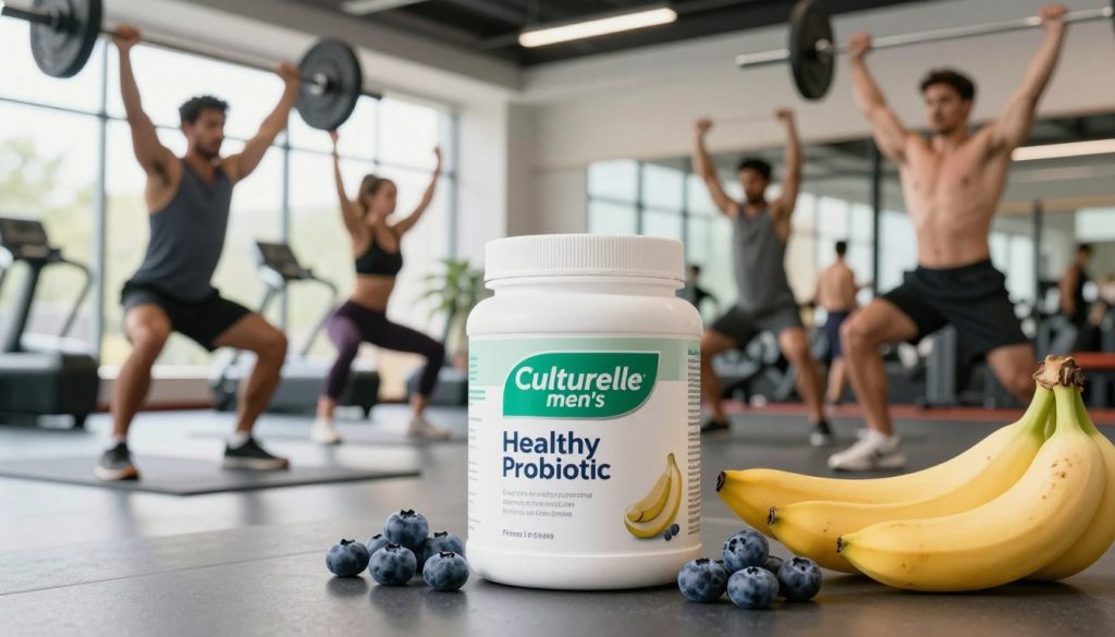 A dynamic scene showcasing Culturelle Men's Healthy Balance Probiotic in a fitness-oriented setting. In the foreground, a sleek container of the probiotic product, featuring its label prominently, surrounded by fresh fruits like blueberries and bananas to symbolize health and vitality. The middle ground displays a diverse group of male athletes in professional athletic wear, engaging in various fitness activities, such as lifting weights, practicing yoga, and running, each demonstrating focus and energy. In the background, a modern gym environment with bright, natural light pouring through large windows enhances the atmosphere of wellness and determination. The angle captures both the product and the energetic movement of the athletes while maintaining a motivating tone. Soft focus on the background ensures the probiotic remains the focal point. A dynamic scene showcasing Culturelle Men's Healthy Balance Probiotic in a fitness-oriented setting. In the foreground, a sleek container of the probiotic product, featuring its label prominently, surrounded by fresh fruits like blueberries and bananas to symbolize health and vitality. The middle ground displays a diverse group of male athletes in professional athletic wear, engaging in various fitness activities, such as lifting weights, practicing yoga, and running, each demonstrating focus and energy. In the background, a modern gym environment with bright, natural light pouring through large windows enhances the atmosphere of wellness and determination. The angle captures both the product and the energetic movement of the athletes while maintaining a motivating tone. Soft focus on the background ensures the probiotic remains the focal point.