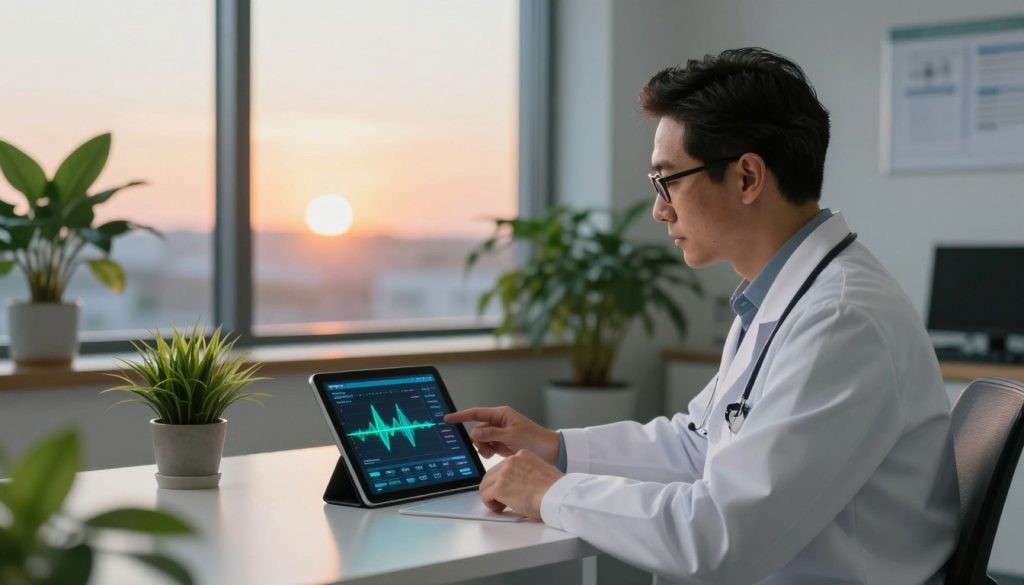 A serene, modern doctor's office setting focusing on a sleek desk with a digital tablet displaying a circadian rhythm chart. In the foreground, a professional-looking doctor wearing a white lab coat, with well-groomed hair and glasses, thoughtfully examines the tablet. Surrounding the desk are vibrant potted plants symbolizing health, with a soft, warm light illuminating the space, creating an inviting atmosphere. In the background, large windows reveal a sunrise, signifying the start of the day and the timing aspect of probiotics. The color palette is calming with soft greens, blues, and warm orange tones, conveying a sense of well-being and professionalism. The image evokes a mood of contemplation and insight into probiotic timing as advised by medical professionals in 2026.