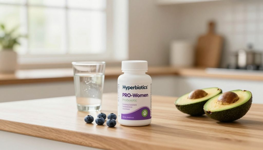 A serene, well-lit kitchen setting focused on a bottle of Hyperbiotics PRO-Women Probiotic placed elegantly on a wooden countertop. In the foreground, the bottle is surrounded by fresh fruits like blueberries and avocados, symbolizing health and wellness during pregnancy. In the middle ground, there's a glass of water filled with probiotics dissolving, conveying a sense of ease and accessibility. The background features a bright window allowing natural light to flood in, enhancing the atmosphere of calmness and nurturing. The overall mood is warm and inviting, representing the importance of safe probiotics for pregnant women. Use a soft focus lens with a warm color palette to create an uplifting and reassuring environment.
