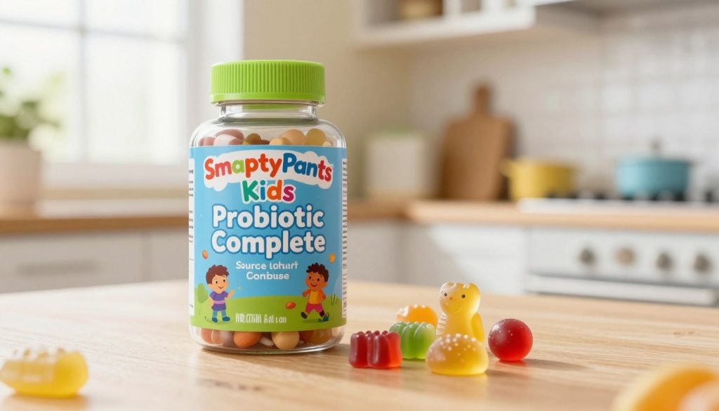 A vibrant and colorful depiction of "SmartyPants Kids Probiotic Complete" supplements placed prominently in the foreground, showcasing the distinctive packaging design that features fun, playful graphics suitable for children. In the middle ground, arrange several gummy vitamins in playful shapes, enhancing the appeal for kids. The background softly blurs out a cheerful, inviting kitchen setting, giving a warm, family-friendly atmosphere with bright, natural lighting pouring in from a window. Use a slightly angled view, as if taken with a 50mm lens to create depth and focus on the products. The overall mood should be joyful and engaging, emphasizing the health benefits for children while capturing the essence of fun and wellness. No text or markings should appear in the image.