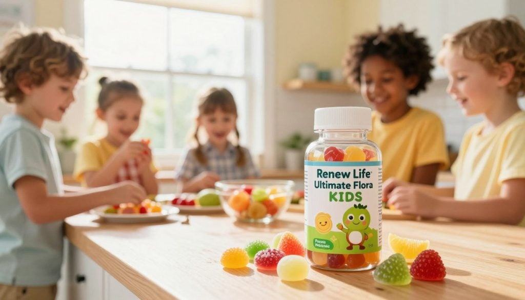 A vibrant, playful scene showcasing a bottle of Renew Life Ultimate Flora Kids Probiotic prominently in the foreground. The bottle is colorful, with a friendly cartoon character on the label, surrounded by assorted fruity gummy probiotics, representing their delicious flavors. In the middle ground, a bright, sunny kitchen environment filled with playful children of diverse ethnicities, aged 5-8, engaged in healthy snack preparation, smiling and laughing. The background features a window with warm, natural sunlight pouring in, illuminating a cheerful atmosphere. The overall mood is joyful and energetic, evoking a sense of health and vitality. Use soft focus for a friendly, inviting look, with a slight tilt from a low angle to emphasize the product.
