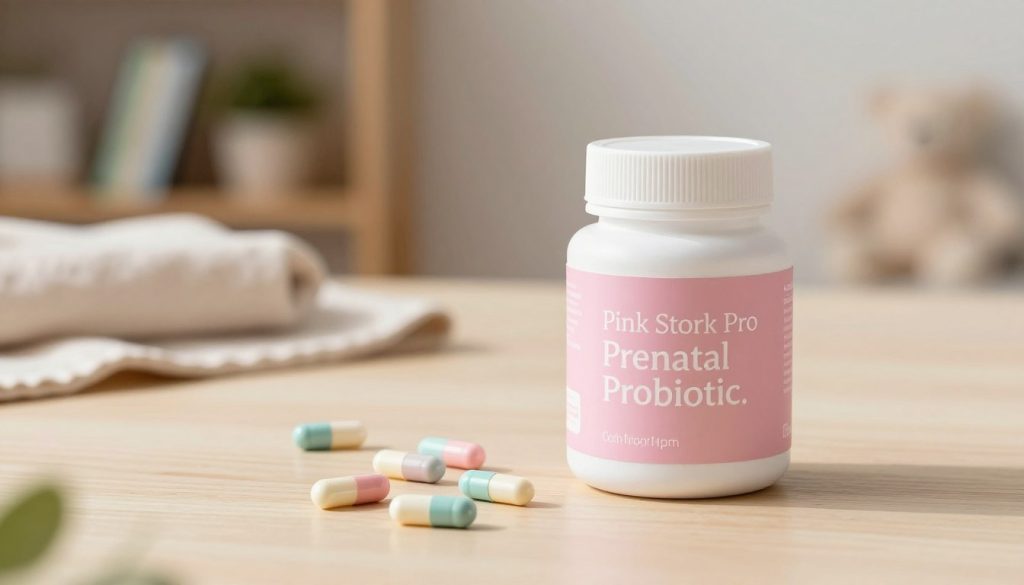 A visually appealing composition showcasing "Pink Stork Pro Prenatal Probiotic." In the foreground, display a sleek, modern jar of the probiotic supplement, with a soft pink label featuring elegant white lettering. Surround the jar with scattered probiotic capsules in pastel colors, reflecting a gentle and nurturing vibe. In the middle ground, include a light wooden surface or a soft fabric, conveying warmth and comfort. In the background, softly blurred out, feature hints of a cozy home environment—perhaps a shelf with baby books or plants, creating a wholesome atmosphere. Use soft, natural lighting that casts gentle shadows, enhancing the serene mood. The angle should be slightly above the product, inviting the viewer to focus on the probiotics while maintaining a calm, maternal essence.