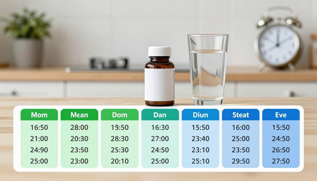 A visually engaging and informative depiction of a probiotic dosing schedule set against a serene backdrop. In the foreground, a well-organized weekly chart displaying morning and evening dosing times, with color-coded sections for clarity—green for morning and blue for evening. In the middle, a sleek bottle of probiotics is elegantly placed next to a glass of water. In the background, soft ambient lighting illuminates a cozy kitchen setting, with a subtle hint of a potted plant and a clock showing the optimal dosing times. The atmosphere conveys a sense of calm and health, inviting viewers to consider their probiotic intake while maintaining a professional appearance throughout. The image should be crisp and focused, resembling a high-quality medical informational graphic.