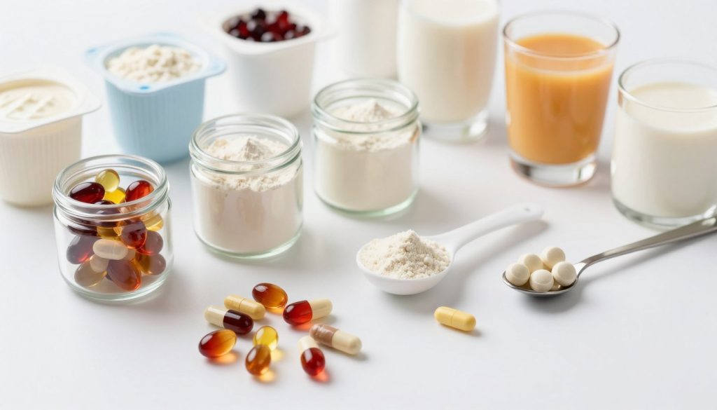 A visually striking display of various probiotic delivery forms on a sleek white surface, arranged artistically for clear visibility. In the foreground, include vibrant capsules and soft gel tablets, showcasing their translucent textures and rich colors. In the middle ground, feature powdered probiotics in elegant glass jars with organized scoops beside them. In the background, add an assortment of yogurts and fermented drinks elegantly presented, with soft, diffused natural lighting enhancing the scene. The atmosphere should be clean and scientific, conveying a sense of trust and wellness. Use a slight top-down angle to create depth and make the elements stand out vividly, highlighting the modernity and accessibility of probiotics.