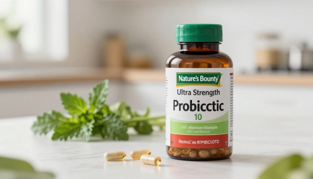 A visually striking image featuring a bottle of Nature's Bounty Ultra Strength Probiotic 10 prominently displayed in the foreground, with the label clearly visible and showcasing the product's vibrant colors. Surround the bottle with a few scattered probiotic capsules, reflecting the product's health benefits. In the middle ground, incorporate soft, blurred elements like fresh green herbs, suggesting natural ingredients. The background should feature a bright, airy kitchen setting with soft natural lighting, enhancing the atmosphere of health and wellness. Use a shallow depth of field to focus on the bottle while creating a calm, inviting mood that reflects vitality and well-being. A visually striking image featuring a bottle of Nature's Bounty Ultra Strength Probiotic 10 prominently displayed in the foreground, with the label clearly visible and showcasing the product's vibrant colors. Surround the bottle with a few scattered probiotic capsules, reflecting the product's health benefits. In the middle ground, incorporate soft, blurred elements like fresh green herbs, suggesting natural ingredients. The background should feature a bright, airy kitchen setting with soft natural lighting, enhancing the atmosphere of health and wellness. Use a shallow depth of field to focus on the bottle while creating a calm, inviting mood that reflects vitality and well-being.