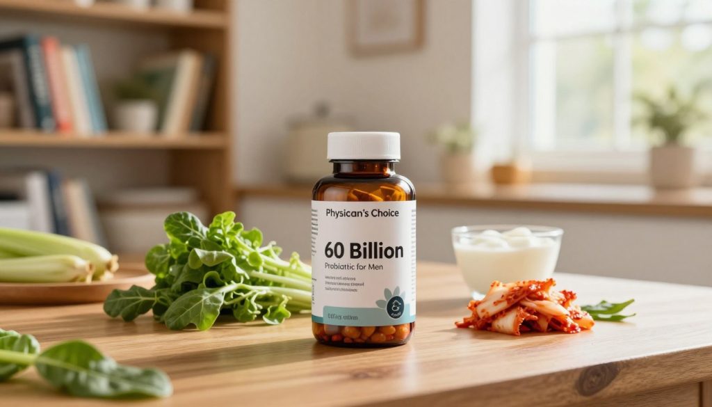 A well-arranged display of "Physician's Choice 60 Billion Probiotic for Men" on a polished wooden table is the focal point in the foreground. The probiotics are showcased in an elegant amber bottle with a clean, modern label, surrounded by organic elements like fresh greens and probiotic-rich foods such as yogurt and kimchi, creating a visual link to gut health. In the middle ground, a softly blurred bookshelf with health-related literature provides context, while in the background, a tastefully decorated kitchen hints at healthy living. Natural light streams in through a window, casting a warm glow, creating an inviting atmosphere that emphasizes wellness and vitality. A shallow depth of field draws attention to the bottle, highlighting its importance in promoting gut balance. A well-arranged display of "Physician's Choice 60 Billion Probiotic for Men" on a polished wooden table is the focal point in the foreground. The probiotics are showcased in an elegant amber bottle with a clean, modern label, surrounded by organic elements like fresh greens and probiotic-rich foods such as yogurt and kimchi, creating a visual link to gut health. In the middle ground, a softly blurred bookshelf with health-related literature provides context, while in the background, a tastefully decorated kitchen hints at healthy living. Natural light streams in through a window, casting a warm glow, creating an inviting atmosphere that emphasizes wellness and vitality. A shallow depth of field draws attention to the bottle, highlighting its importance in promoting gut balance.