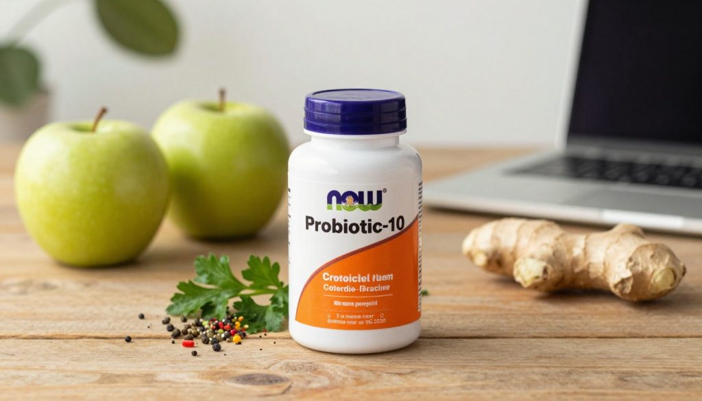 A well-organized display of probiotics specifically designed for men, featuring NOW Foods Probiotic-10 prominently in the foreground. The bottle is elegantly positioned on a rustic wooden table, illuminated by soft, natural lighting that highlights its clean design. Surround the bottle with a few fresh ingredients often associated with gut health, such as green apples, ginger roots, and a sprinkle of colorful herbs like parsley. In the background, softly blurred, include a workspace scene with a laptop and notes, conveying a health-conscious lifestyle. The atmosphere should be warm and inviting, suggesting a focus on wellness and vitality. Use a slightly downward angle to emphasize the probiotic bottle, ensuring a clear and appealing presentation. A well-organized display of probiotics specifically designed for men, featuring NOW Foods Probiotic-10 prominently in the foreground. The bottle is elegantly positioned on a rustic wooden table, illuminated by soft, natural lighting that highlights its clean design. Surround the bottle with a few fresh ingredients often associated with gut health, such as green apples, ginger roots, and a sprinkle of colorful herbs like parsley. In the background, softly blurred, include a workspace scene with a laptop and notes, conveying a health-conscious lifestyle. The atmosphere should be warm and inviting, suggesting a focus on wellness and vitality. Use a slightly downward angle to emphasize the probiotic bottle, ensuring a clear and appealing presentation.