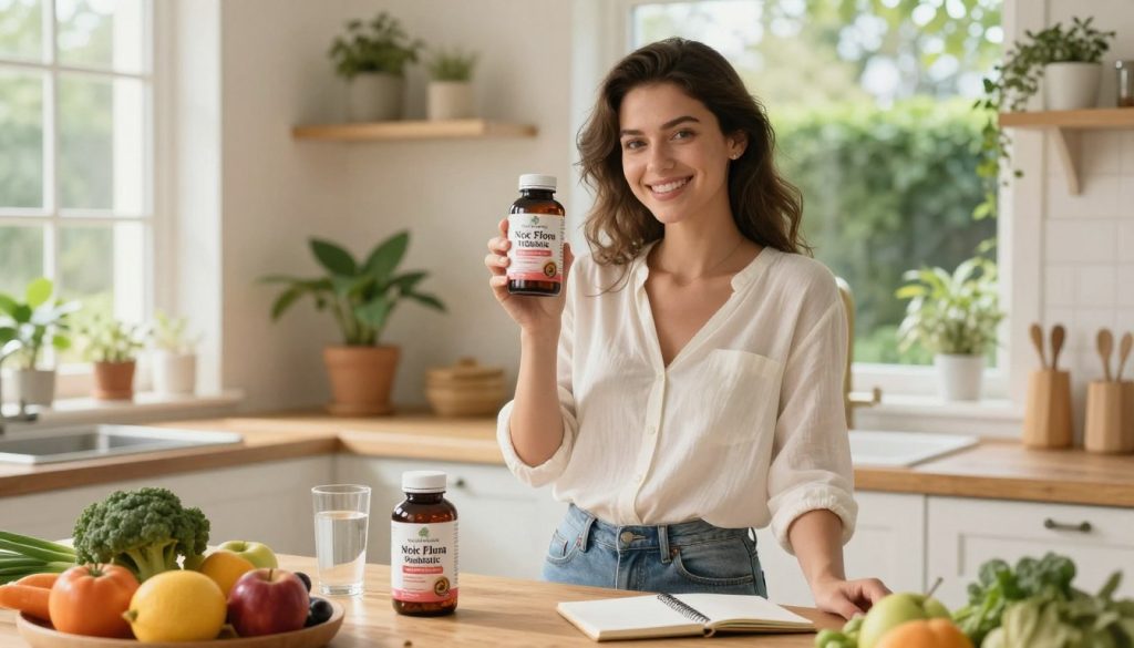 A young woman with a glowing complexion, dressed in a light, comfortable white blouse and jeans, stands in a bright, airy kitchen filled with plants and natural light. She holds a bottle of Nordic Naturals Nordic Flora Probiotic Woman, showcasing it in front of her smiling face. In the foreground, a fresh assortment of fruits and vegetables hints at a healthy lifestyle. The middle ground features a rustic wooden table with the probiotic product prominently displayed alongside a glass of water and a notepad, suggesting a focus on wellness. Soft, warm lighting gives a welcoming atmosphere, while through the window in the background, a serene garden view can be seen. The overall mood is uplifting and health-conscious, embodying the essence of natural vitality.
