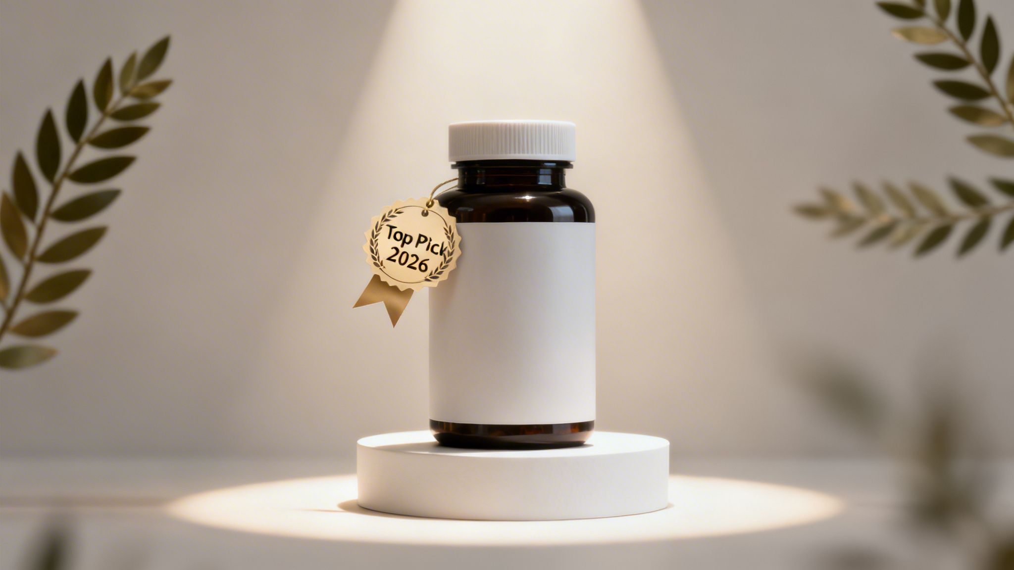 A dark brown supplement bottle with a blank white label and a 'Top Pick 2026' golden tag on a white pedestal.