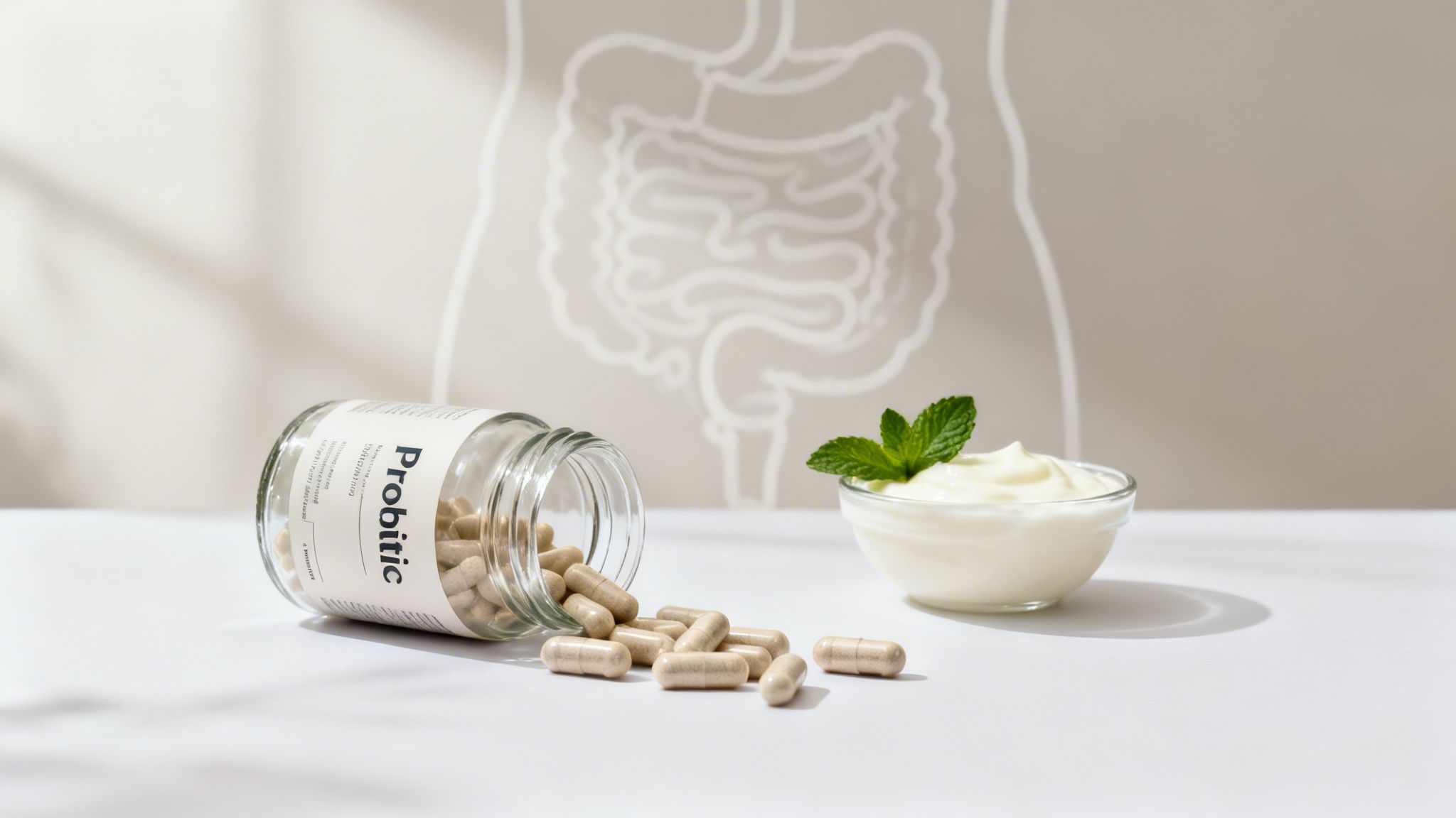 Probiotic capsules spilling from a glass jar next to yogurt with mint, illustrating gut health.