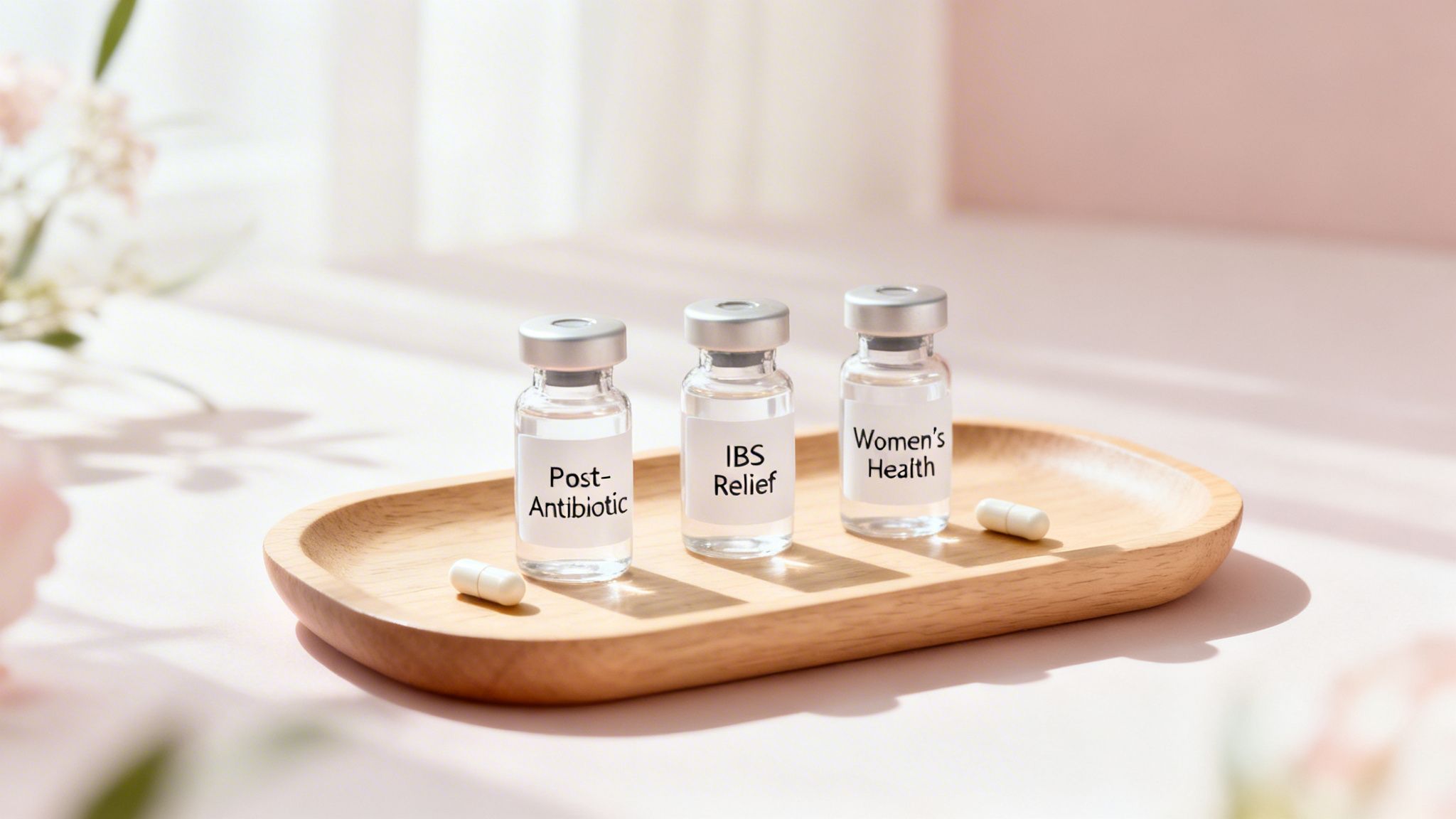 Three labeled probiotic vials on a wooden tray with capsules for post-antibiotic, IBS, and women's health.