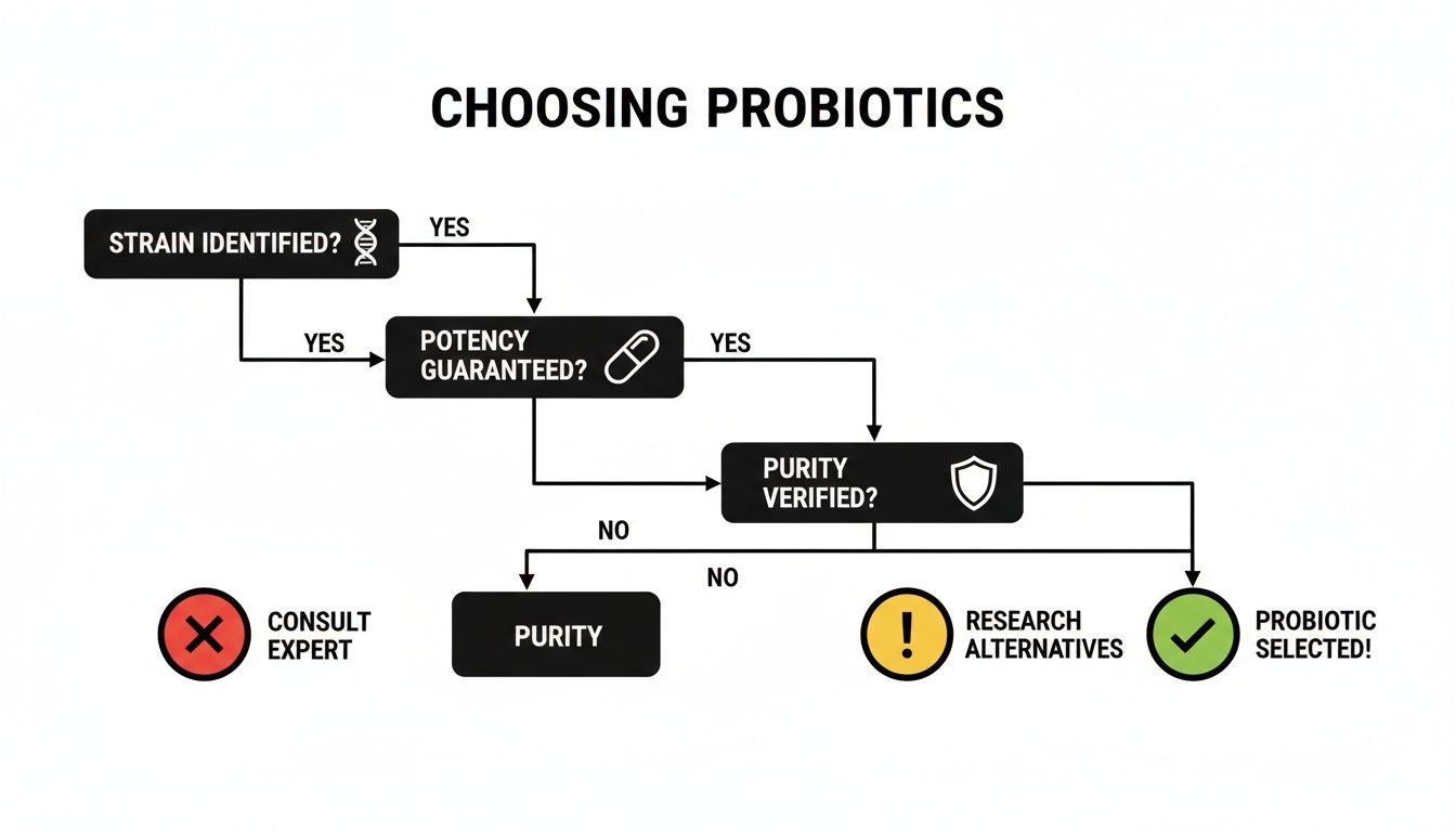 Flowchart guiding the selection of probiotics based on strain identification, potency, and purity.