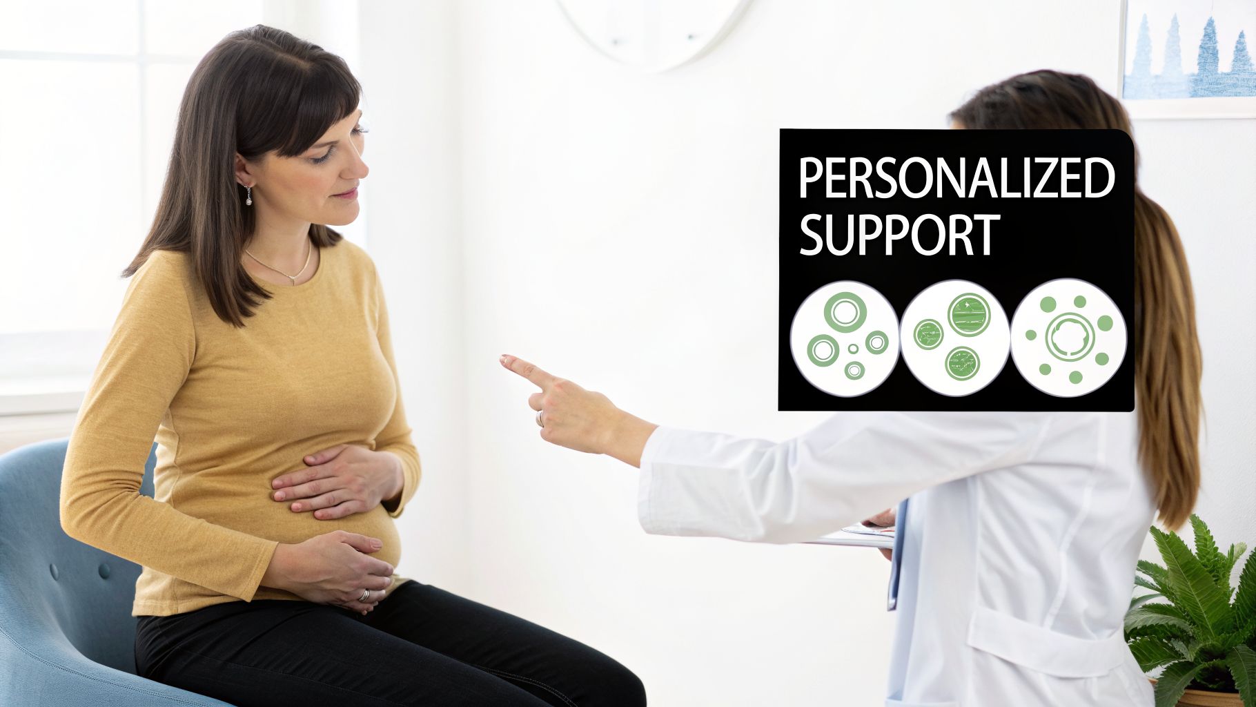 A pregnant woman consults a doctor about personalized support, featuring cellular diagrams on a display.