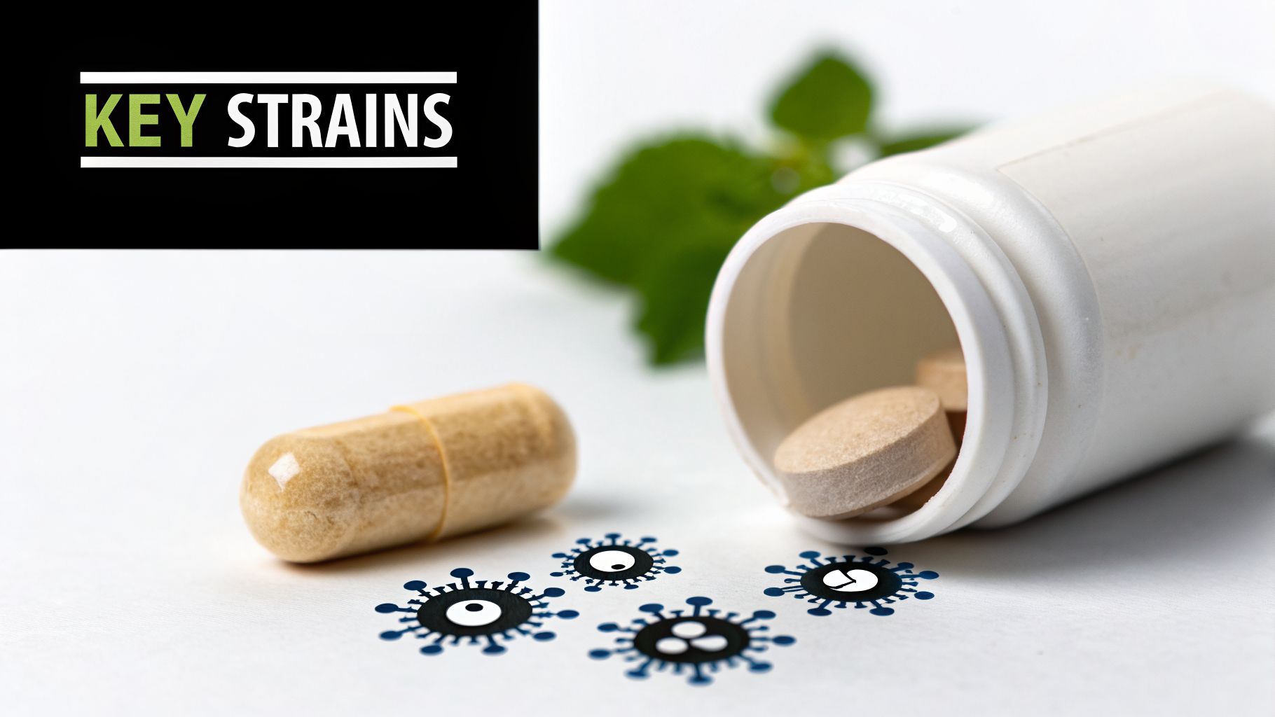 A natural capsule and tablets spilling from a bottle, with virus icons and 'KEY STRAINS' logo.