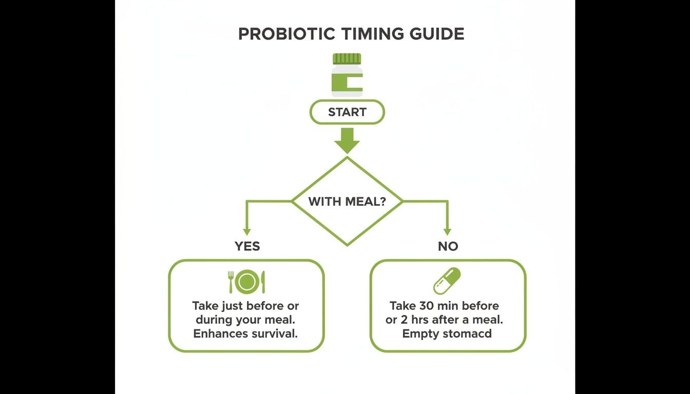 Flowchart guiding probiotic timing: take with meals just before or during, or on an empty stomach.