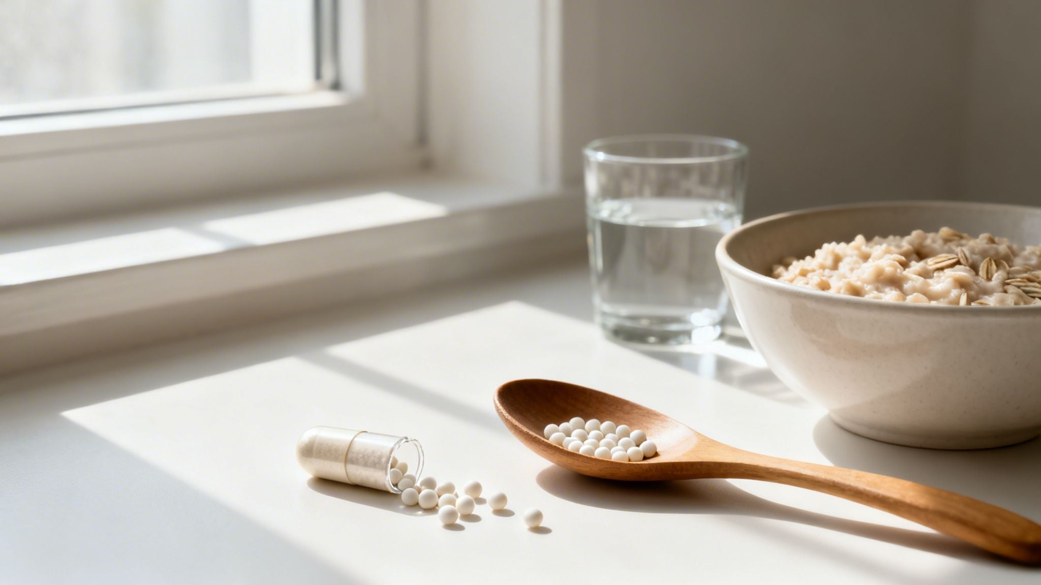 A healthy breakfast of oatmeal, water, and a probiotic capsule with pills on a sunlit counter.
