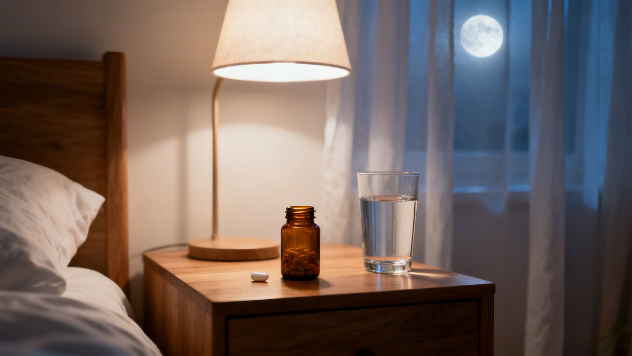A bedside table with a lamp, a bottle of pills, a white pill, and a glass of water with a full moon outside.
