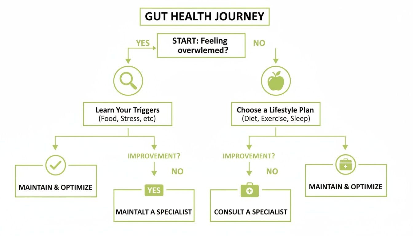 A flowchart illustrating a gut health journey, guiding users through steps like learning triggers, lifestyle plans, and specialist consultation.