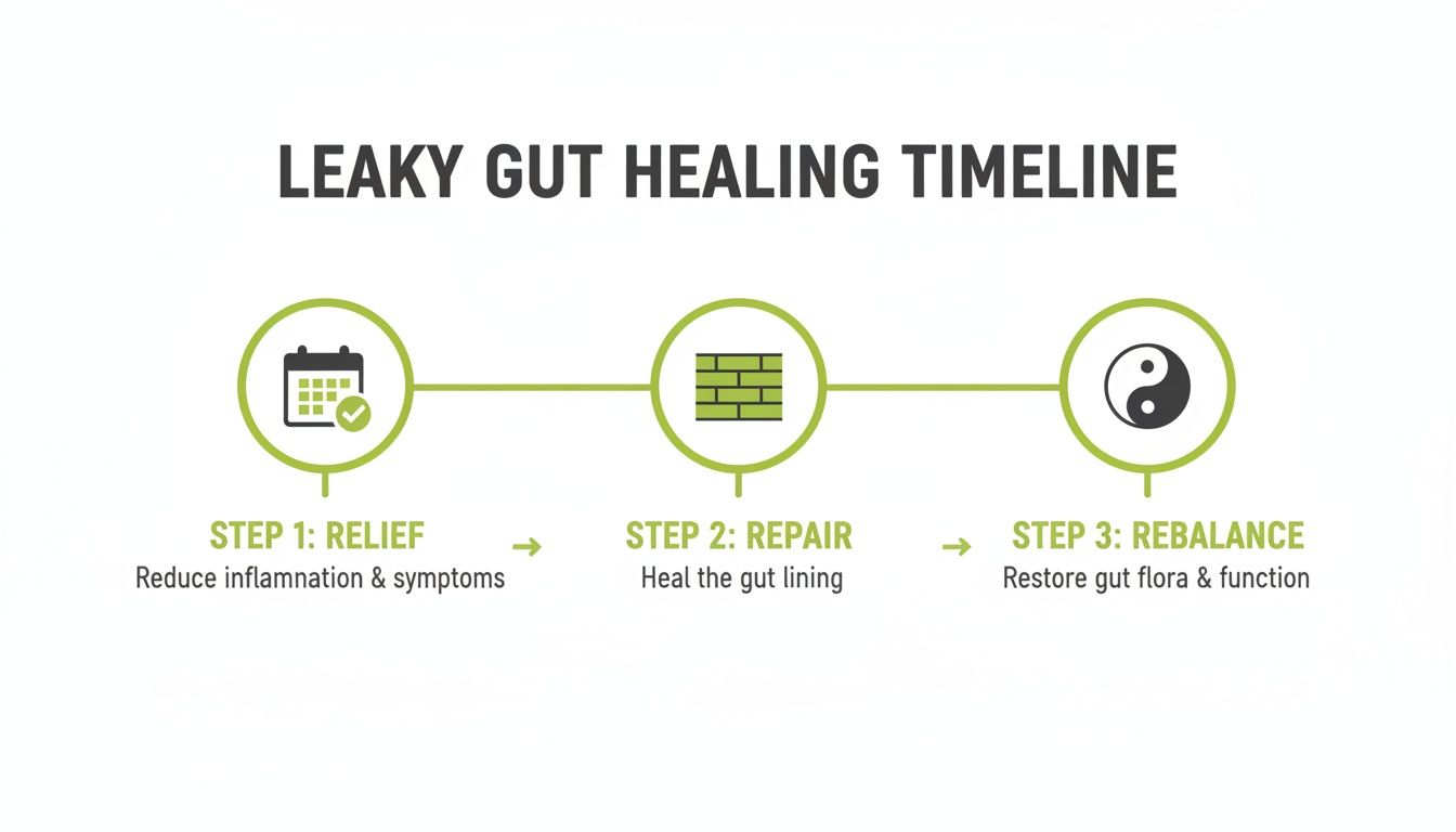 A leaky gut healing timeline showing three steps: relief, repair, and rebalance of gut health.