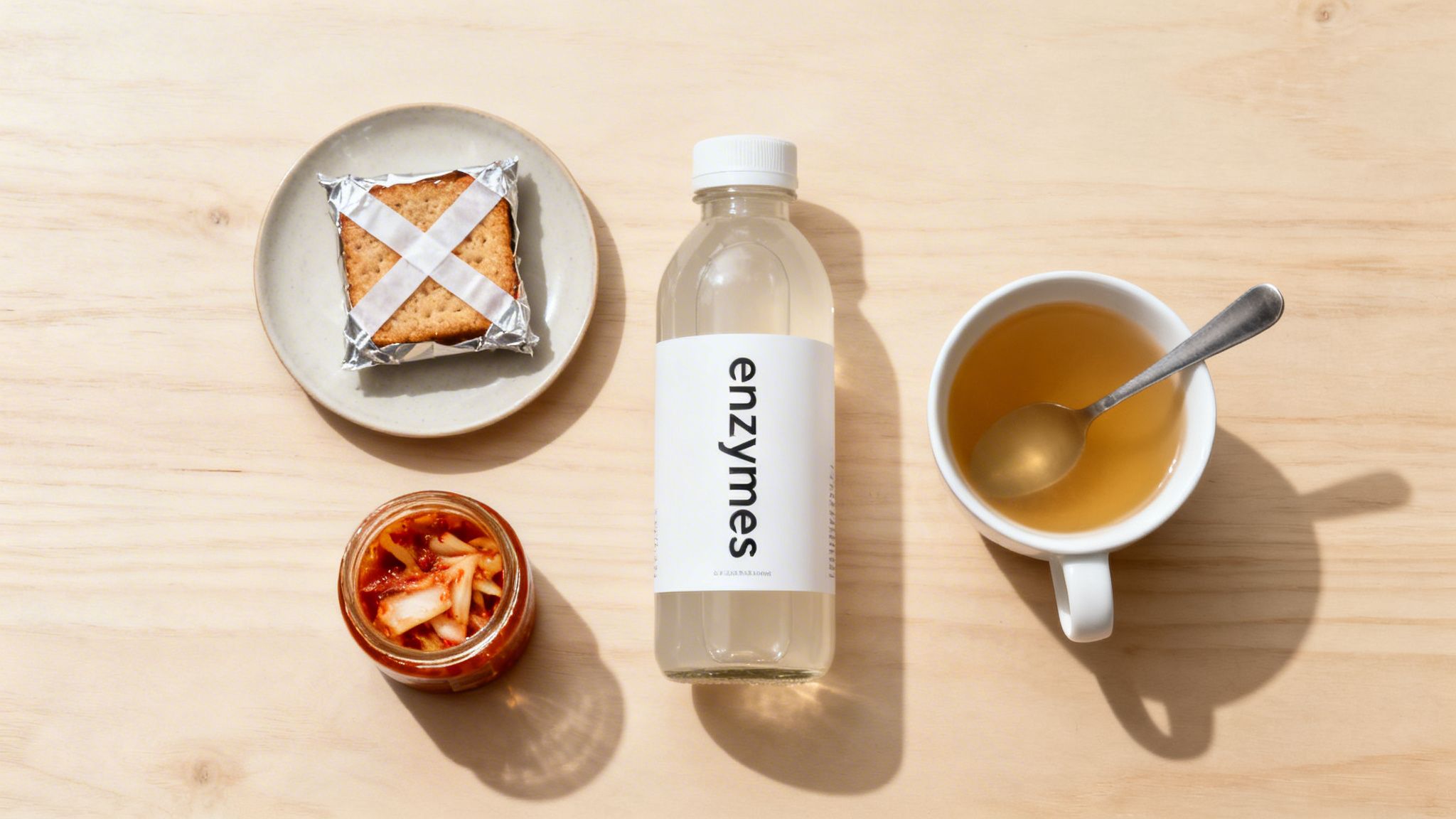 Flat lay of gut-healthy foods: enzymes drink, kimchi, cracker, and a cup of broth.