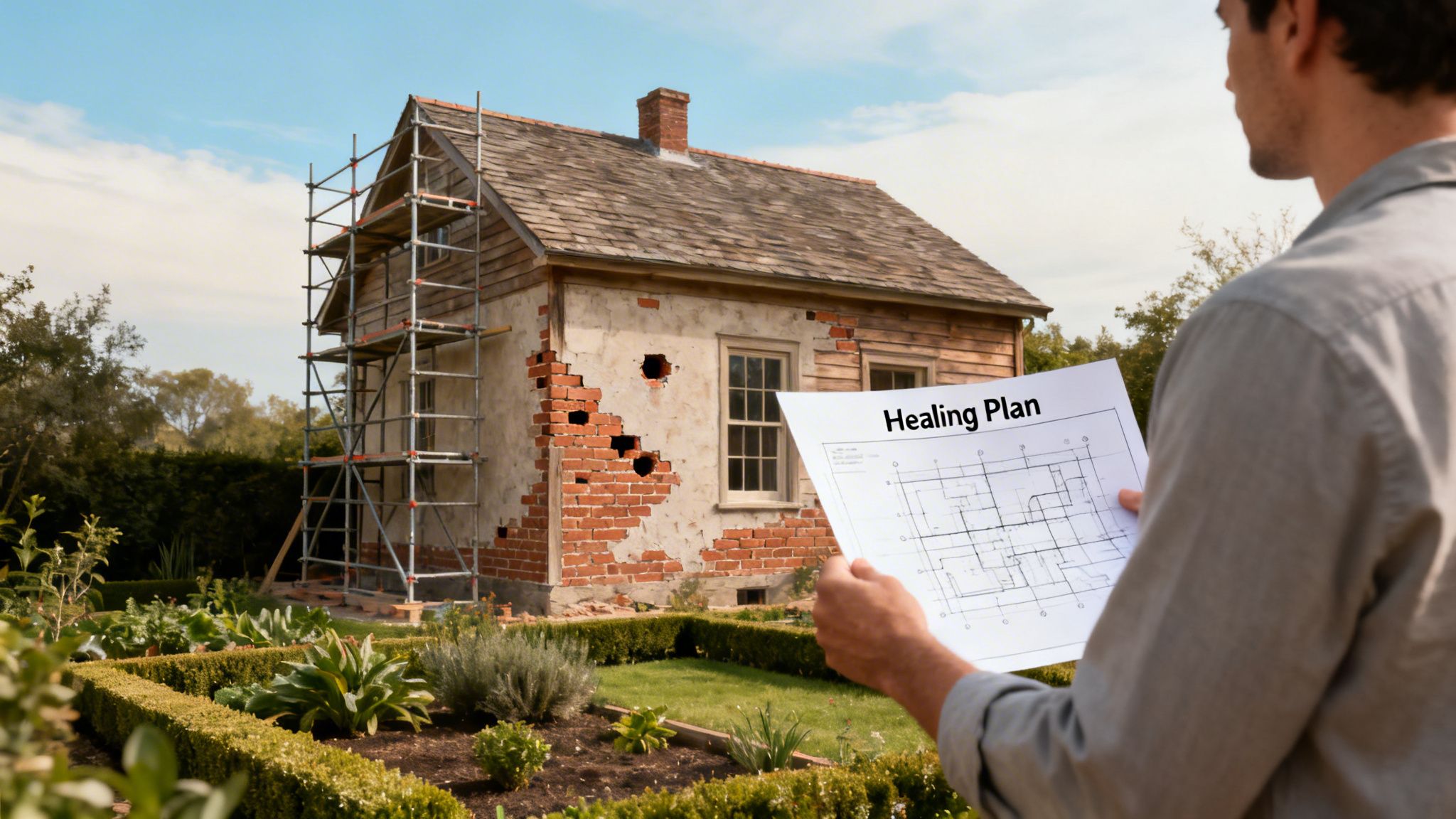 Man holding a 'Healing Plan' blueprint overlooking a partially demolished house under renovation.