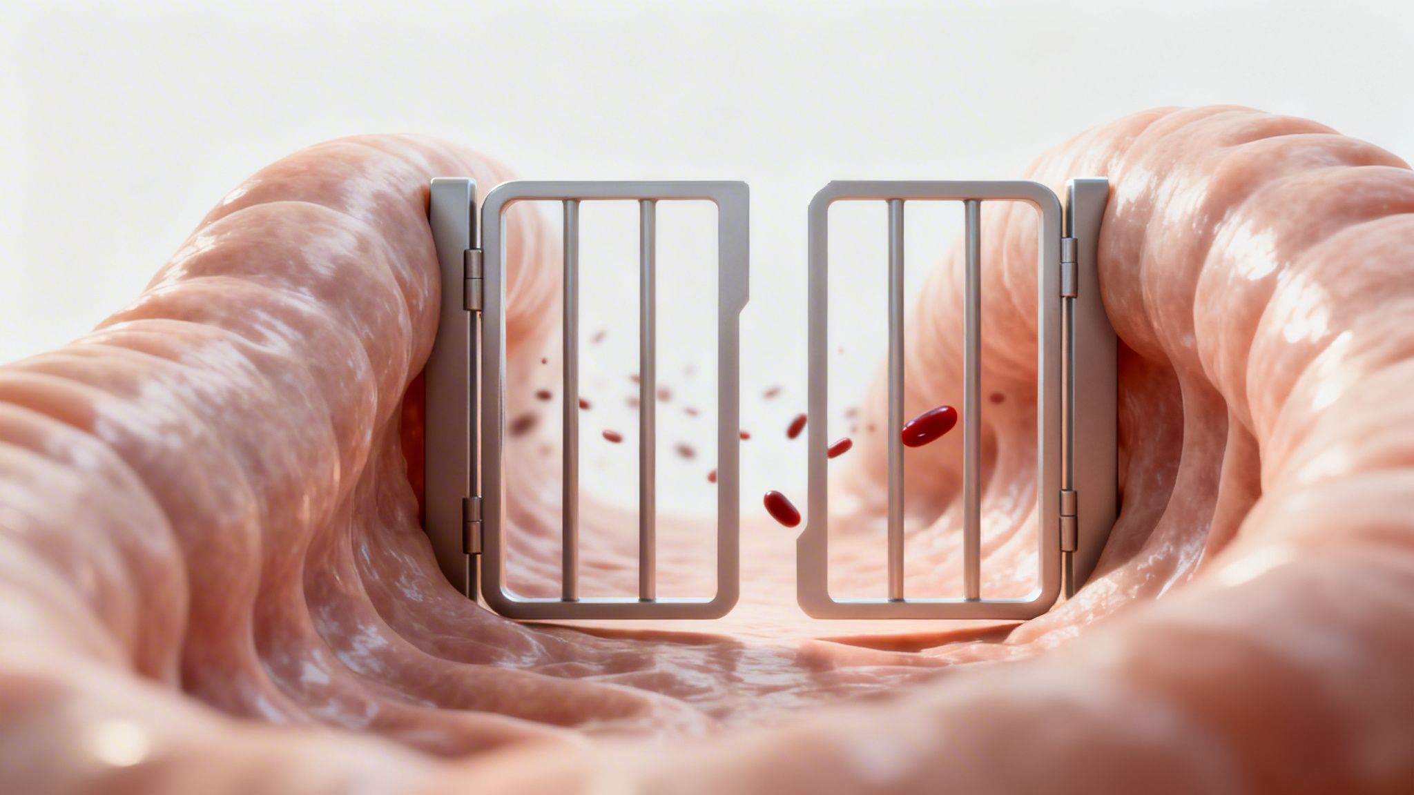 An open gate within a cellular structure, with red particles passing through.