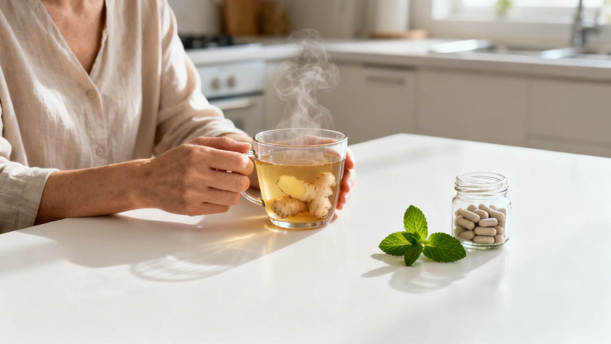 Person holding a steaming mug of ginger tea with mint and supplements on a white table.