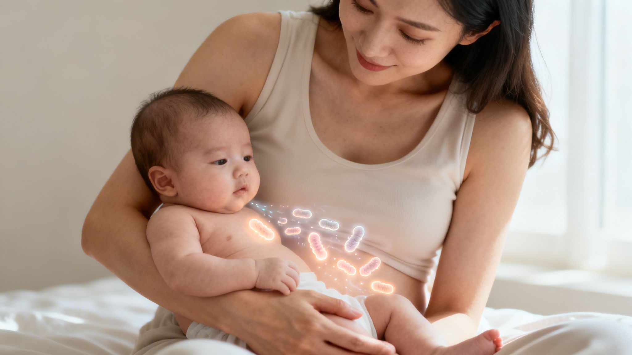 A mother gently holds her baby, with glowing probiotic bacteria visualized around the infant's belly.