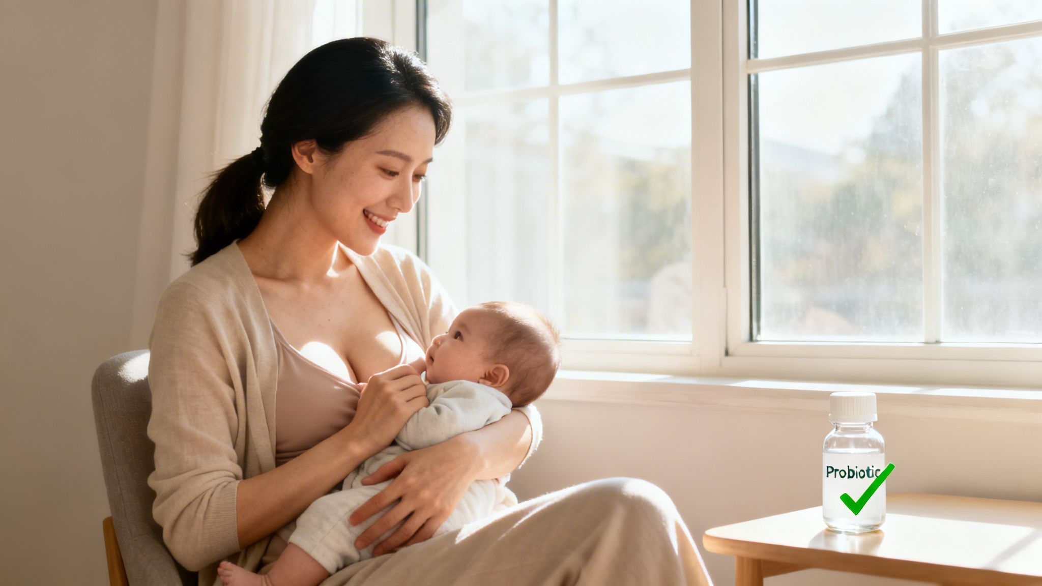 A happy mother holds her baby in sunlit room, with a bottle of probiotics on a table.