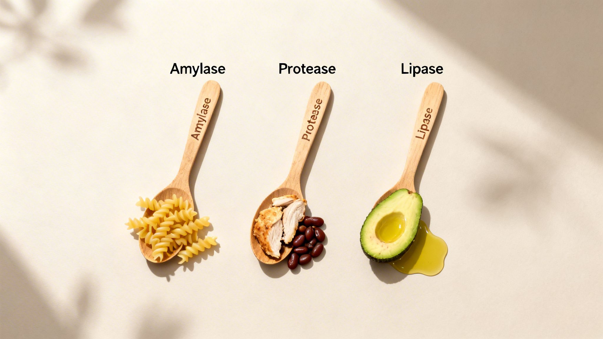 Three spoons demonstrate digestive enzymes: amylase for carbs, protease for protein, and lipase for fats.