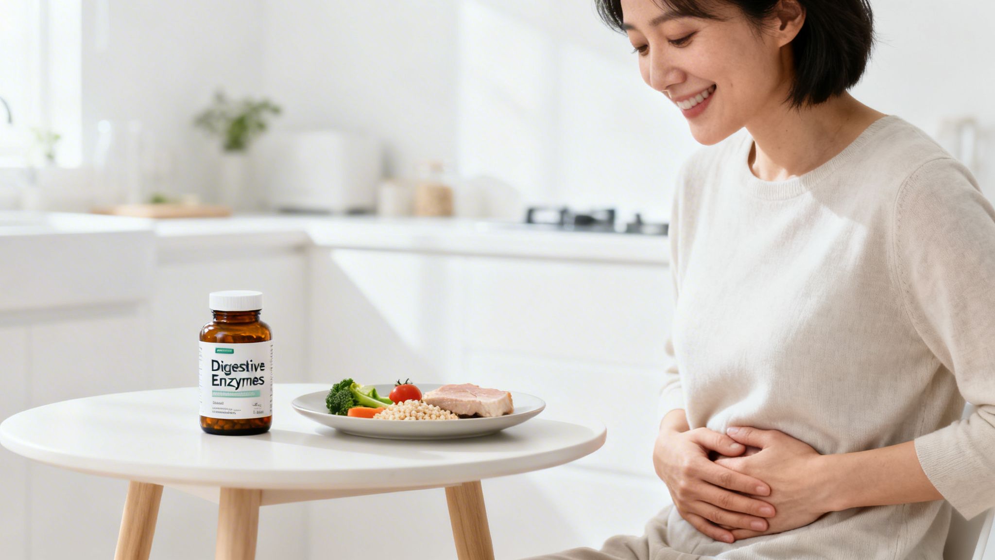 Smiling woman holding her stomach, with digestive enzymes and a healthy meal on a table.