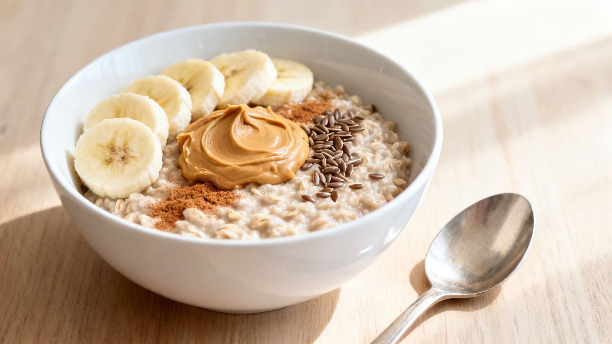 A white bowl of oatmeal topped with sliced bananas, a dollop of peanut butter, and flax seeds.