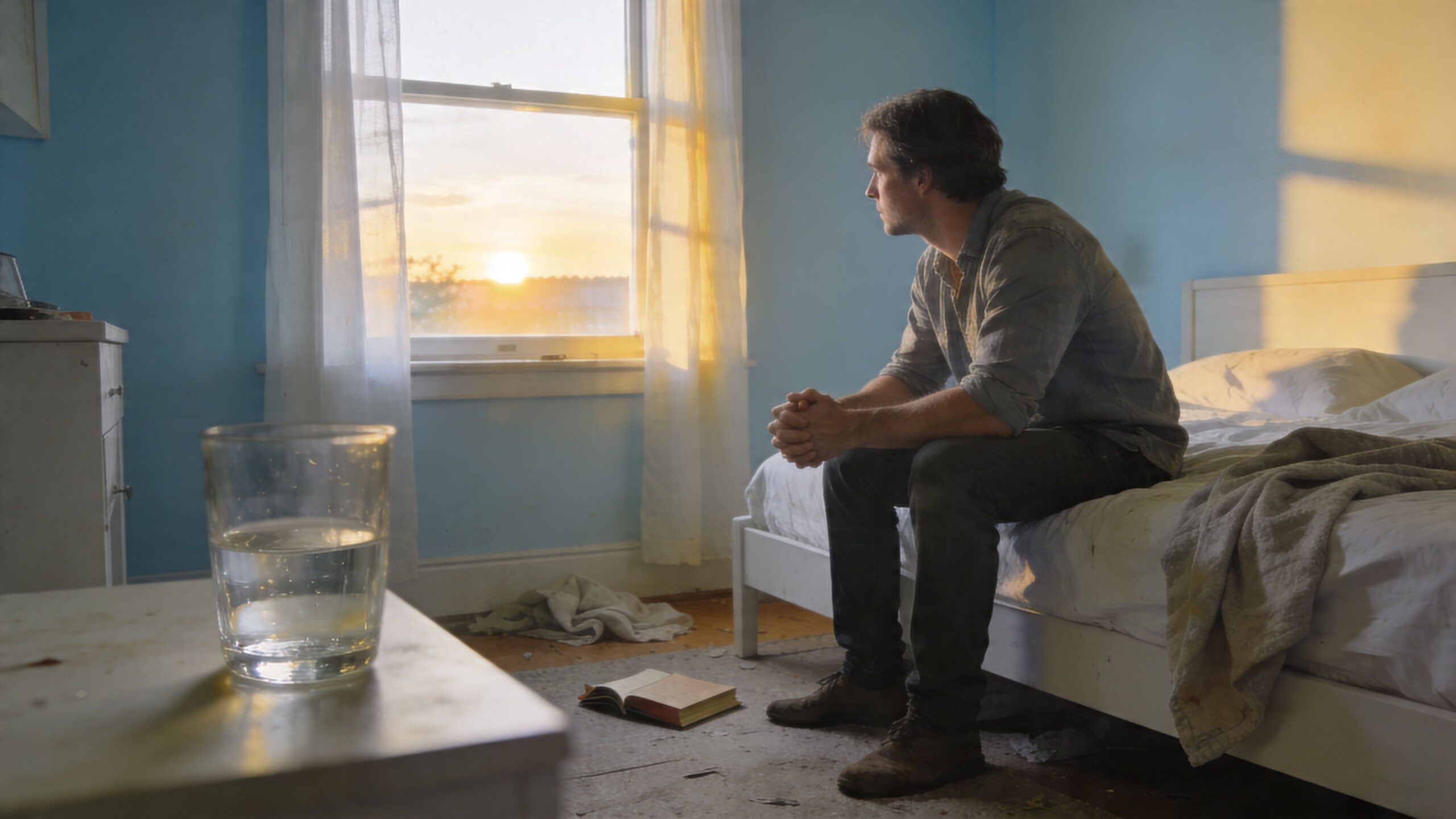 A man sits pensively on the edge of a bed in a dimly lit bedroom at sunset.
