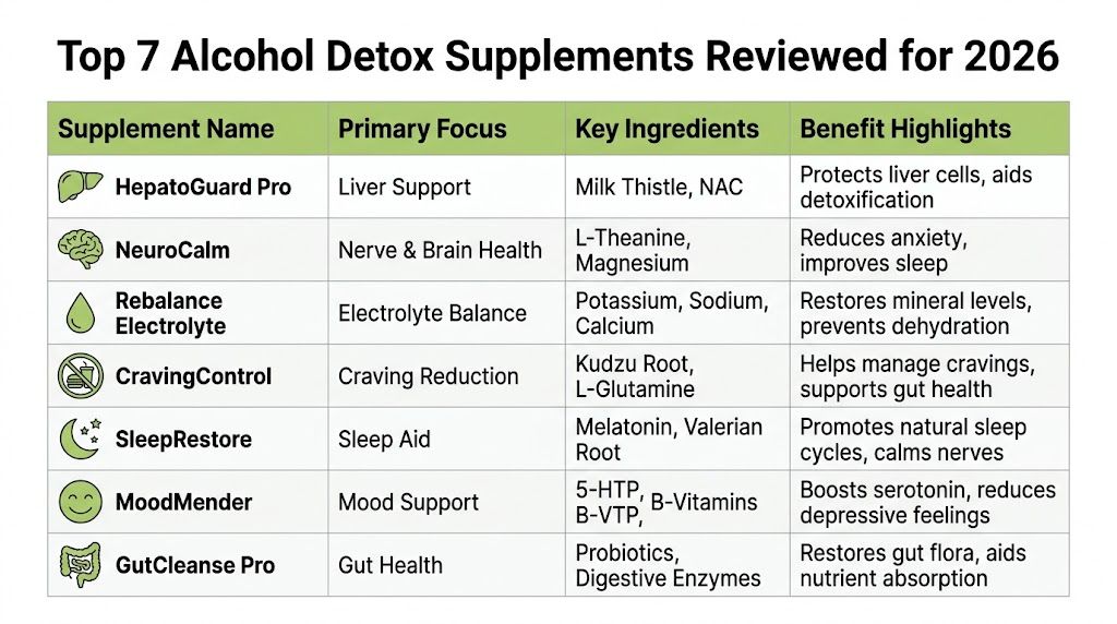 A table detailing seven recommended alcohol detox supplements for 2026, including their primary focus and key ingredients.