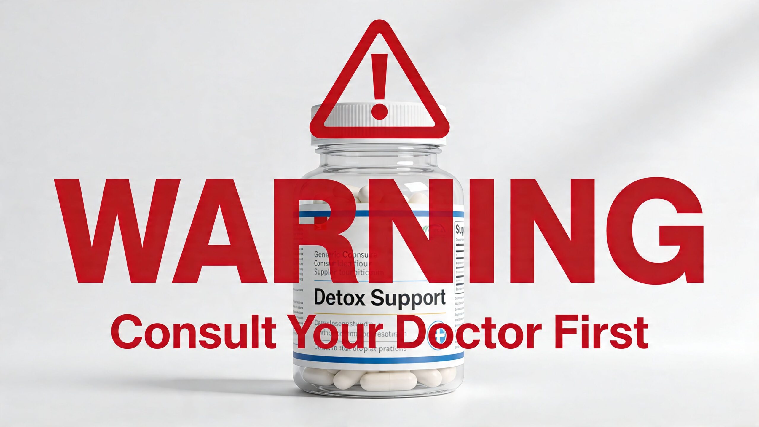 A warning label with a medical bottle containing pills, advising to consult a doctor before use.