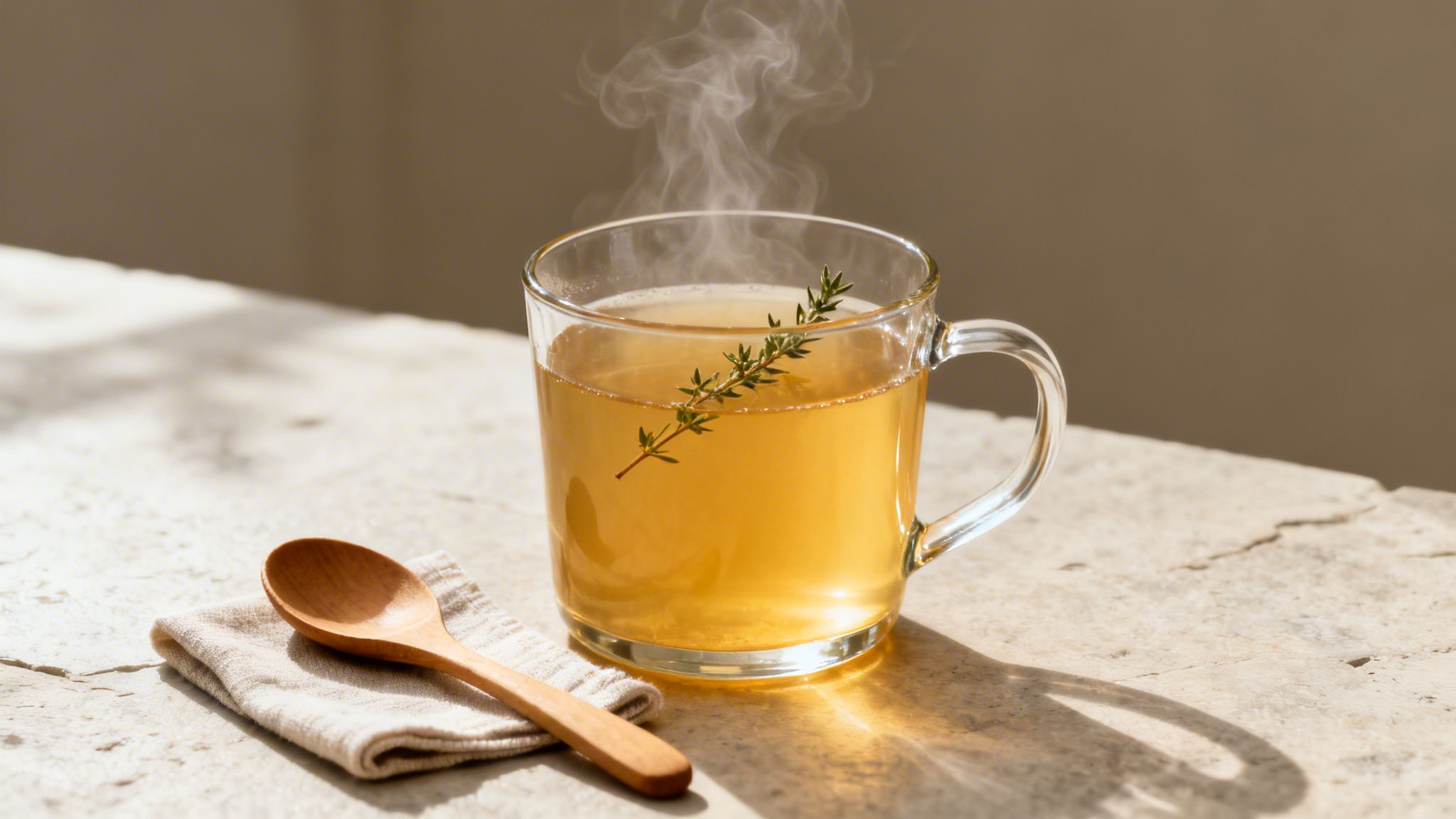 A steaming hot mug of bone broth with a thyme sprig, a wooden spoon, and napkin on a sunny surface.