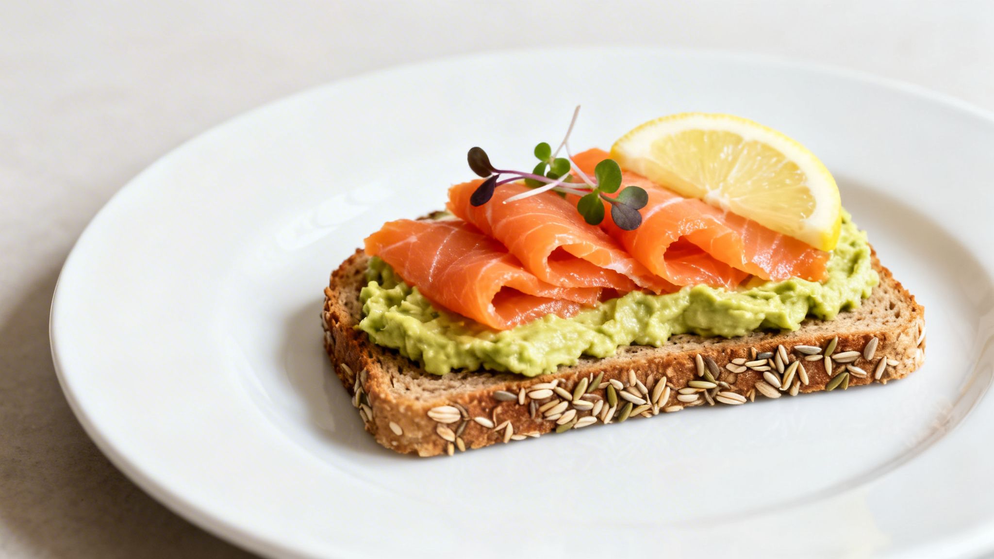 A healthy breakfast or snack featuring avocado toast with smoked salmon, a lemon slice, and microgreens on a white plate.