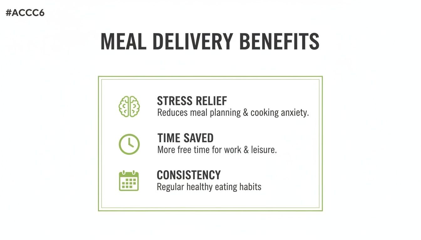 An infographic detailing meal delivery benefits: stress relief, time saved, and consistent healthy eating.