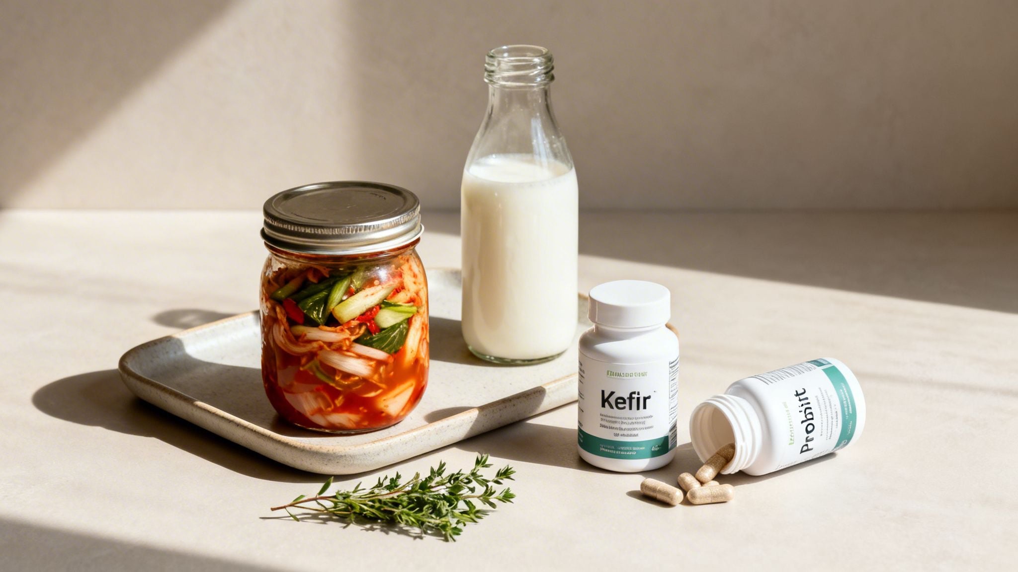Kimchi, milk, kefir, and probiotic supplements displayed on a tray with fresh herbs.