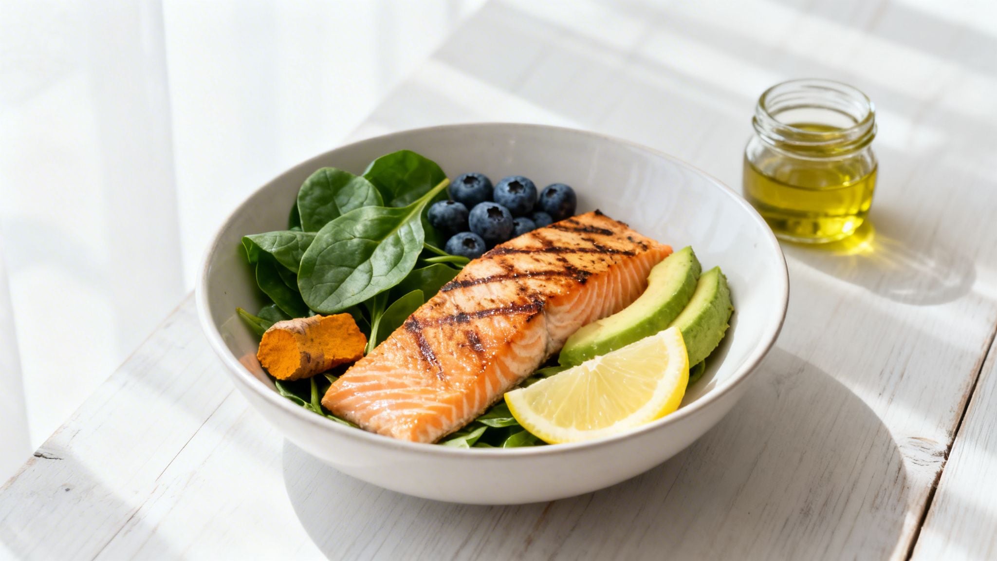 A vibrant bowl featuring grilled salmon, fresh spinach, blueberries, avocado, lemon, and turmeric, beside olive oil.