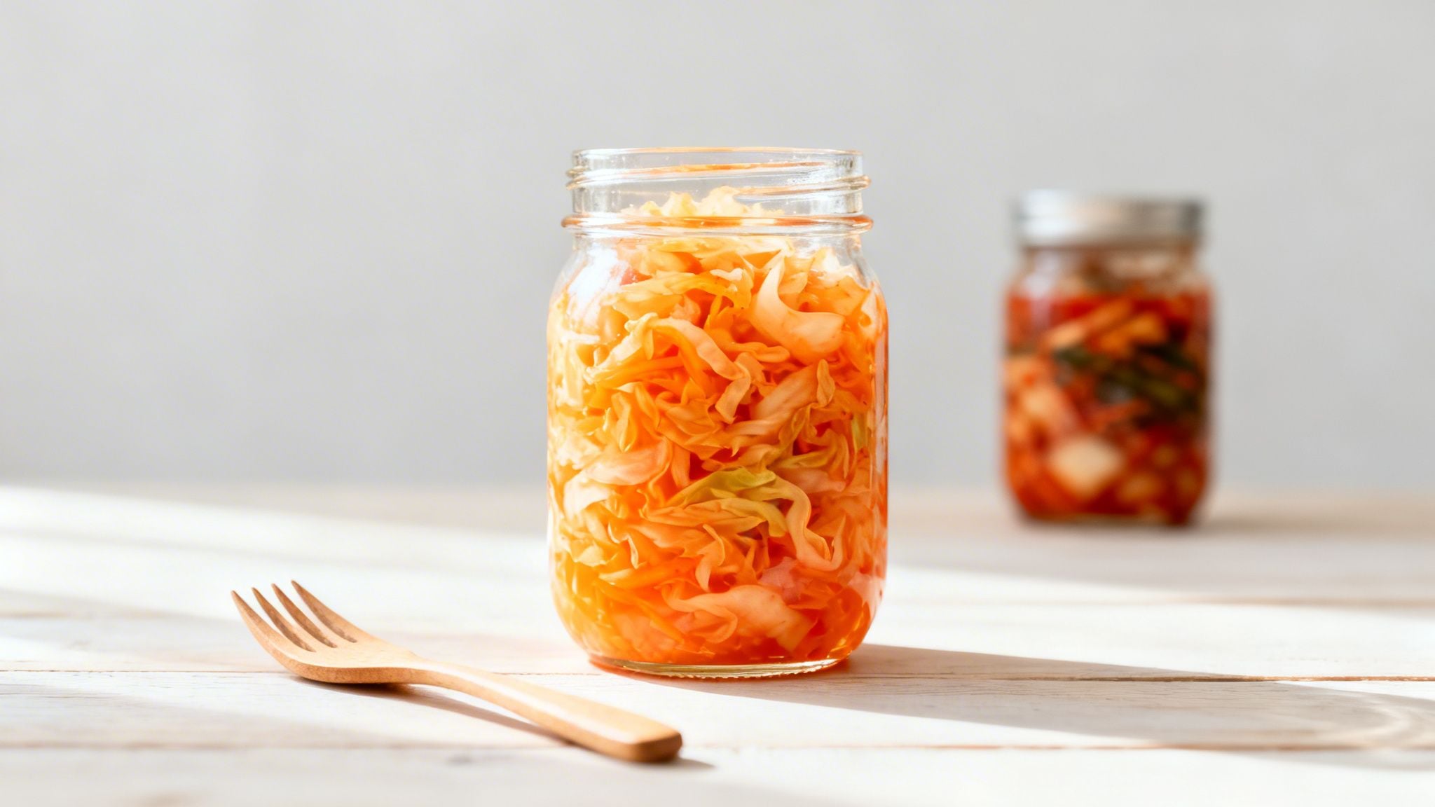 A jar of golden fermented cabbage (sauerkraut) in focus, with a wooden fork and blurred kimchi jar on a light wooden table.