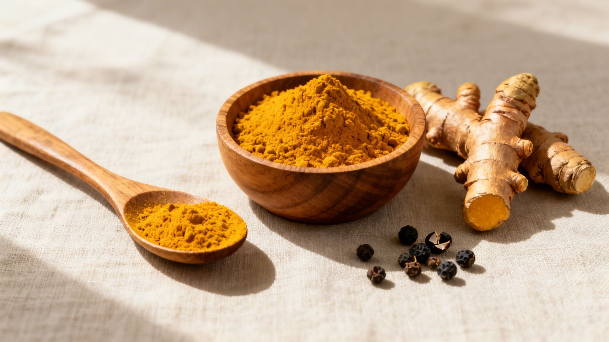 Fresh turmeric roots, bright turmeric powder in a wooden bowl and spoon, and black peppercorns.