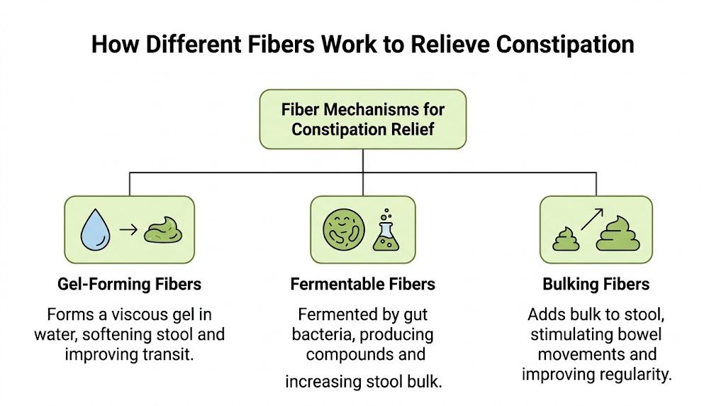 An infographic showing the three primary mechanisms of dietary fiber for providing constipation relief in humans.