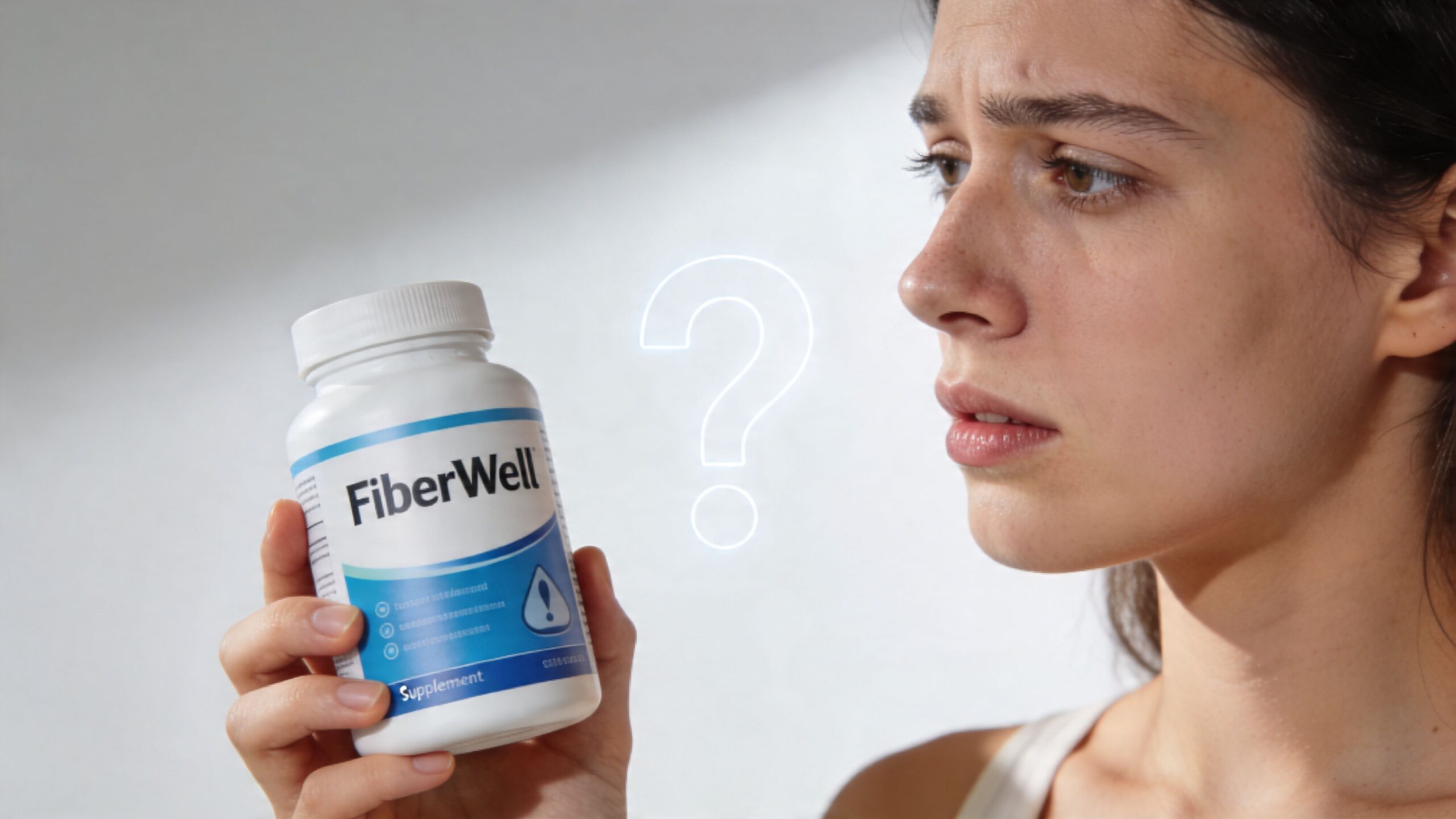 A concerned woman holding a white bottle labeled FiberWell, questioning its effectiveness for digestive health support.